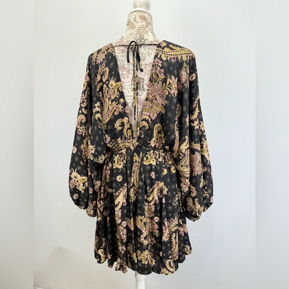 FREE PEOPLE Black and tan print ARZEL double V neckline mini dress size M - Picture 12 of 15